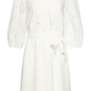 Witte Broderie Jurk met V-hals en Strikceintuur